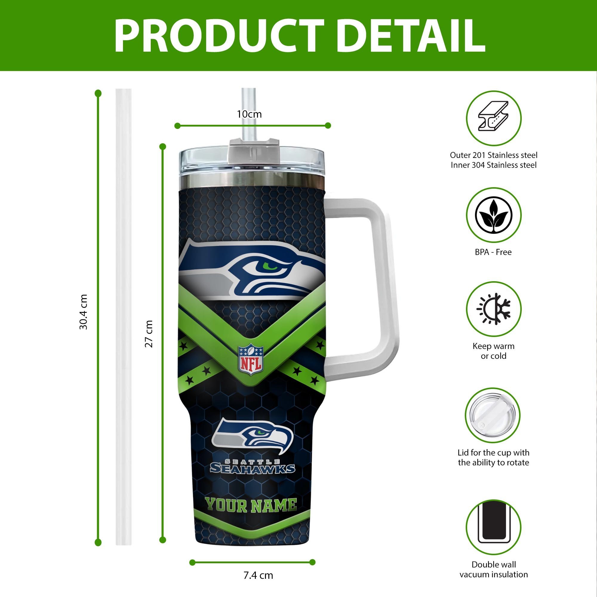 Seattle Seahawks Nfl Custom Stanley Quencher Oz Stainless Steel