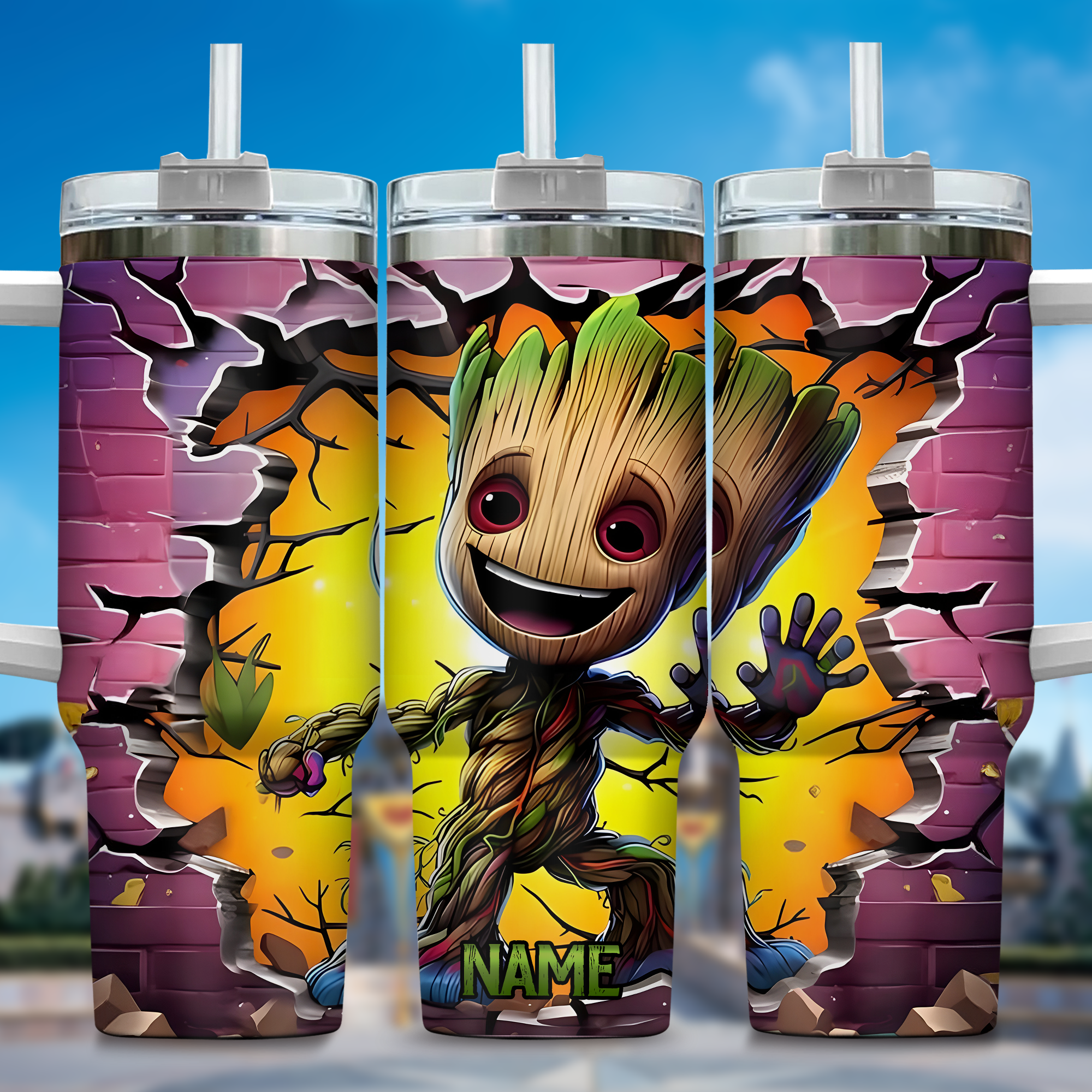 3D Baby Groot Cartoon Custom Stanley Quencher 40oz Stainless Steel Tumbler With Handle