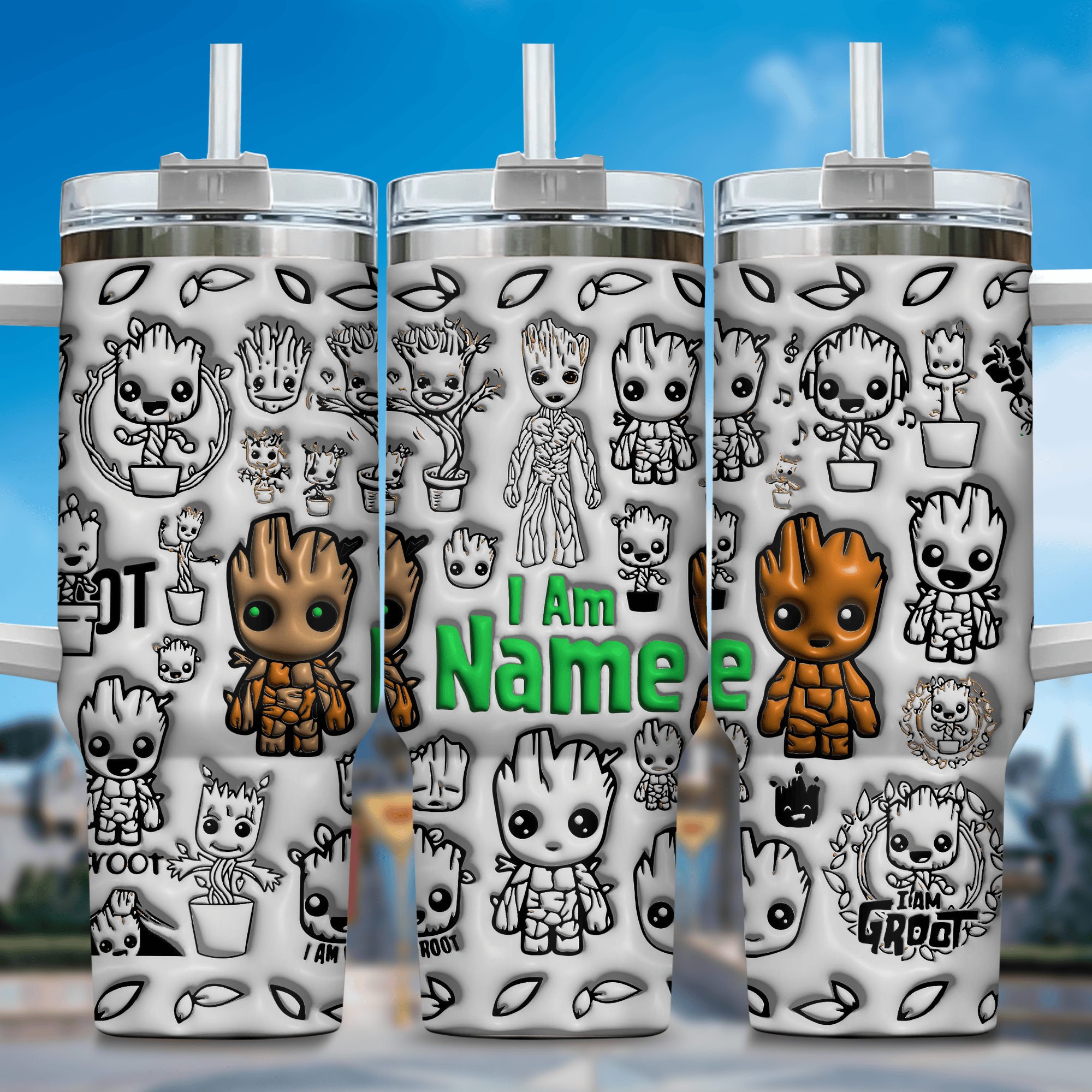 3D Baby Groot Cartoon Custom Stanley Quencher 40oz Stainless Steel Tumbler With Handle
