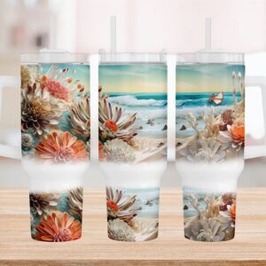 3D Beach Landscape Custom Stanley Quencher 40oz Stainless Steel Tumbler With Handle