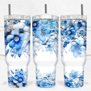 3D Blue Floral Custom Stanley Quencher 40oz Stainless Steel Tumbler With Handle
