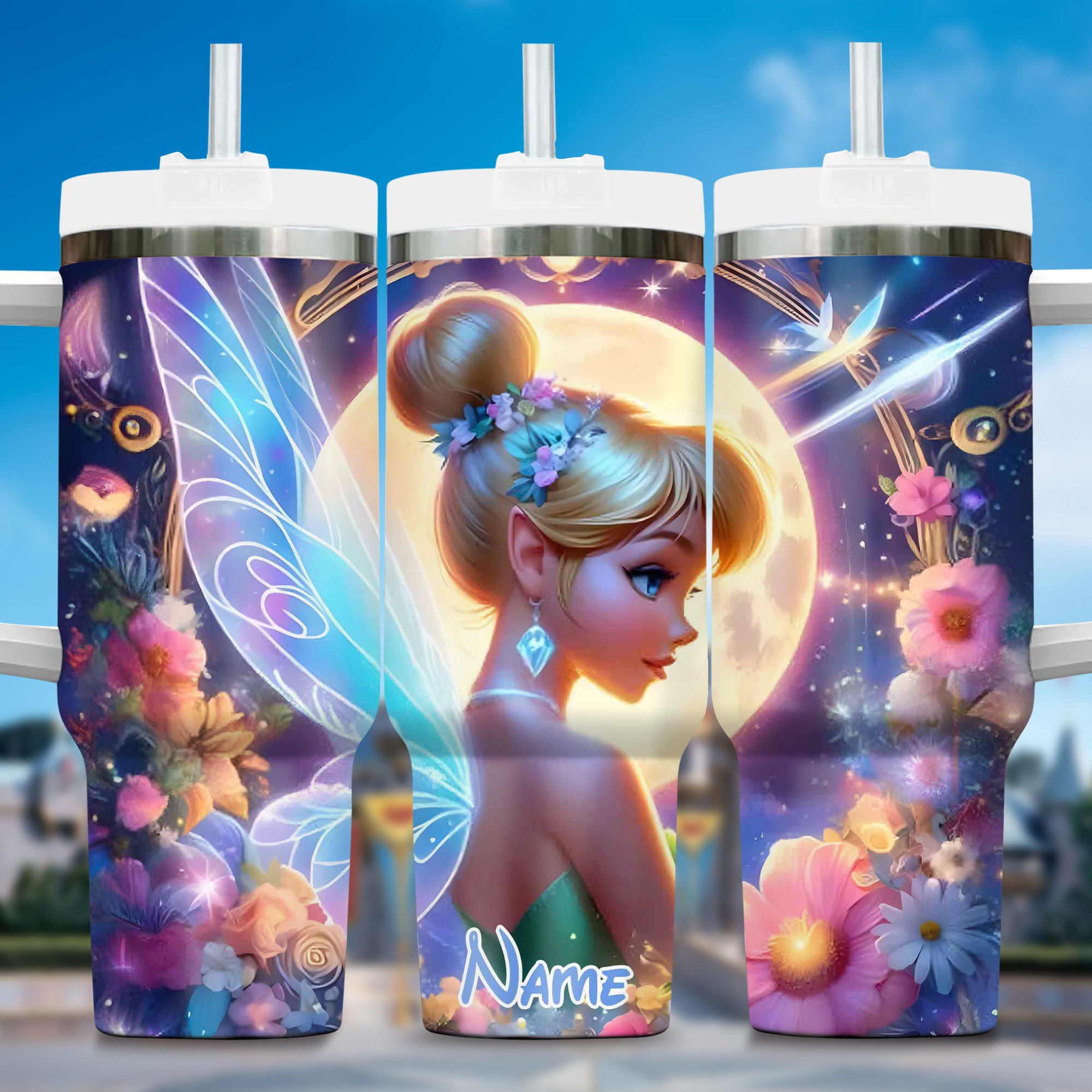 3D Fairy Tinkerbell Cartoon Custom Stanley Quencher 40oz Stainless Steel Tumbler With Handle
