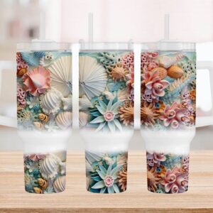 3D Floral Seashells Custom Stanley Quencher 40oz Stainless Steel Tumbler With Handle