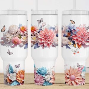 3D Flowers Butterflies Custom Stanley Quencher 40oz Stainless Steel Tumbler With Handle