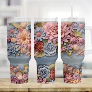 3D Flowers Custom Stanley Quencher 40oz Stainless Steel Tumbler With Handle