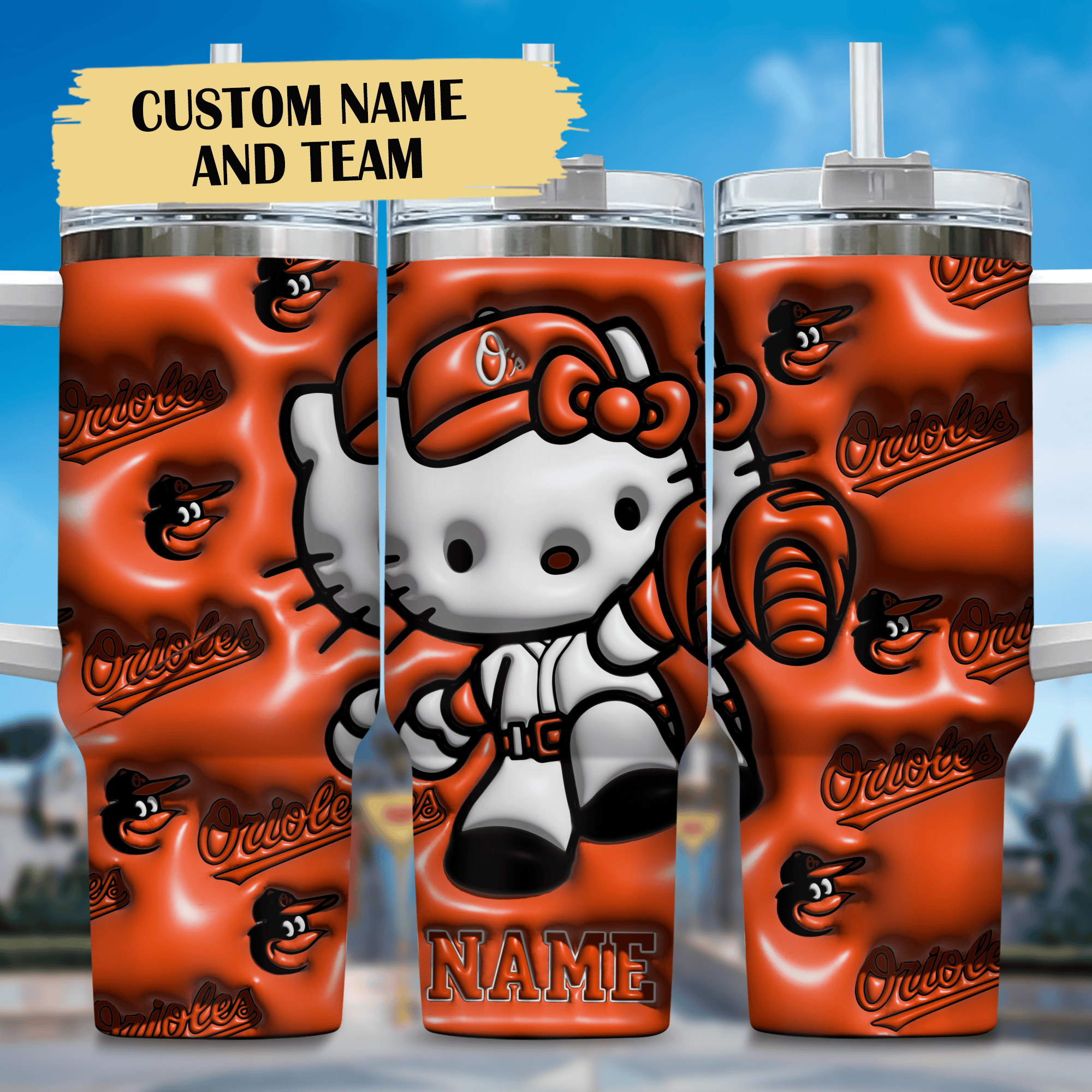 3D Hello Kitty and Baltimore Orioles Cartoon,MLB Custom Stanley Quencher 40oz Stainless Steel Tumbler With Handle