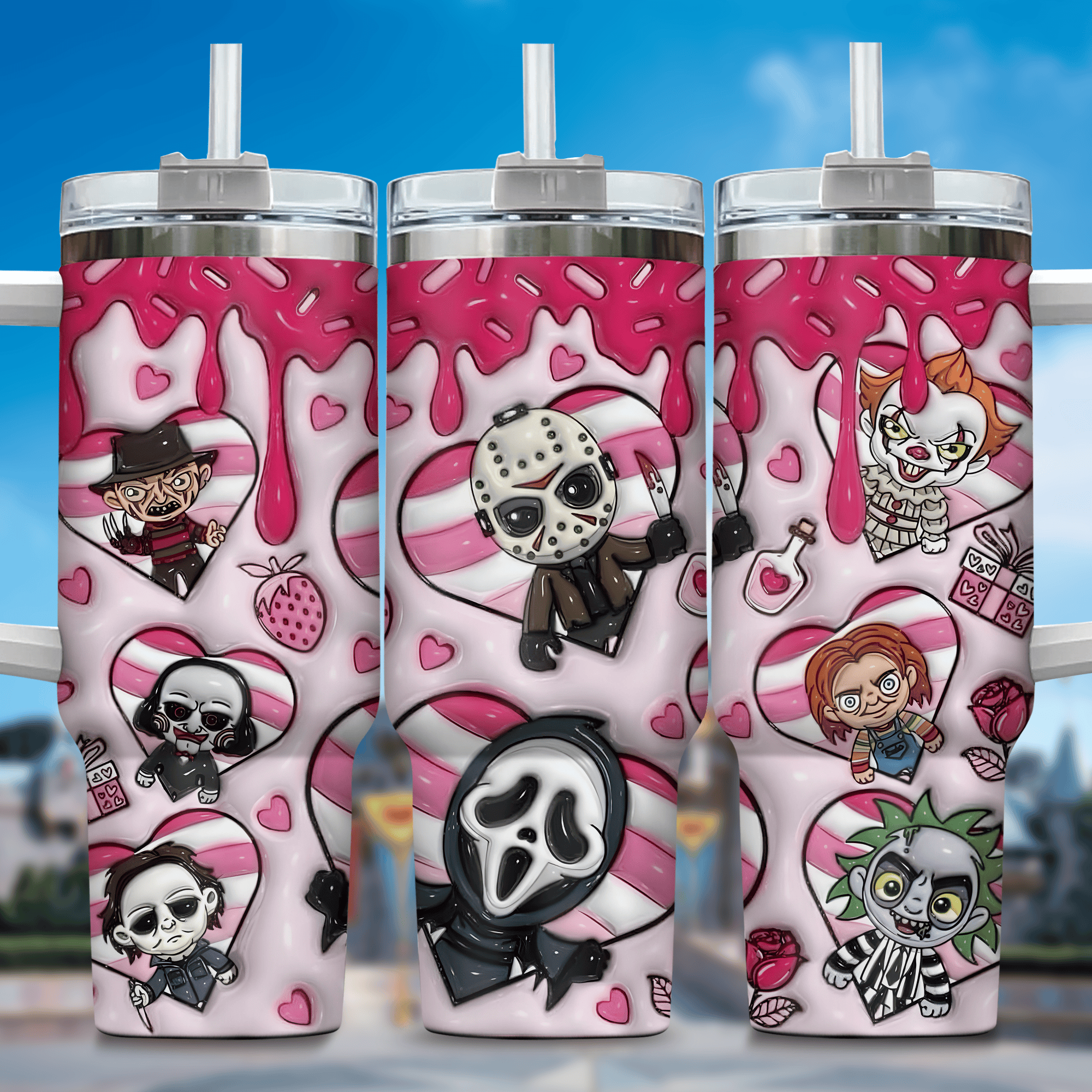 3D Horror Movies Custom Stanley Quencher 40oz Stainless Steel Tumbler With Handle