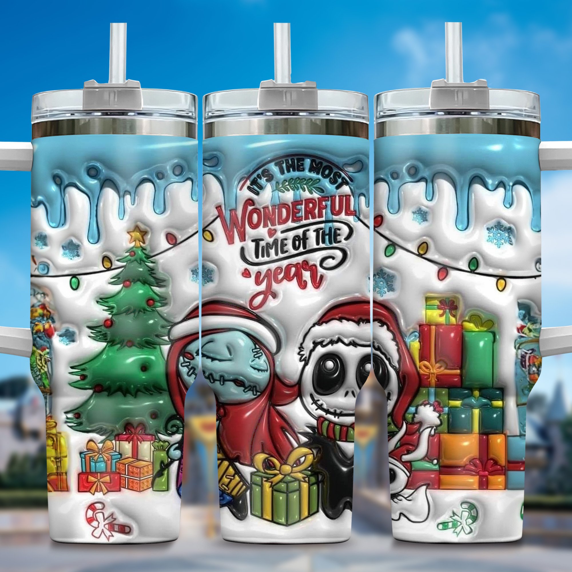 3D Jack and Sally Movies Custom Stanley Quencher 40oz Stainless Steel Tumbler With Handle