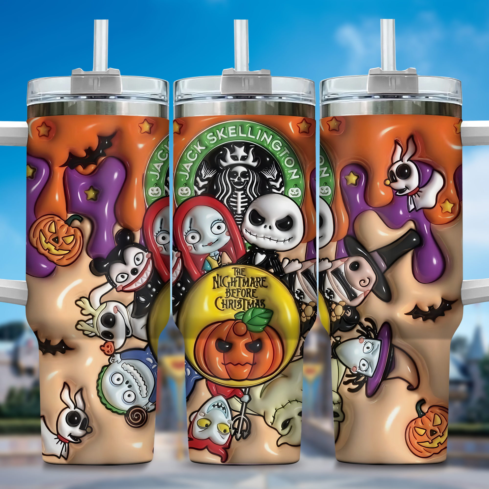 3D Jack and Sally Movies Custom Stanley Quencher 40oz Stainless Steel Tumbler With Handle