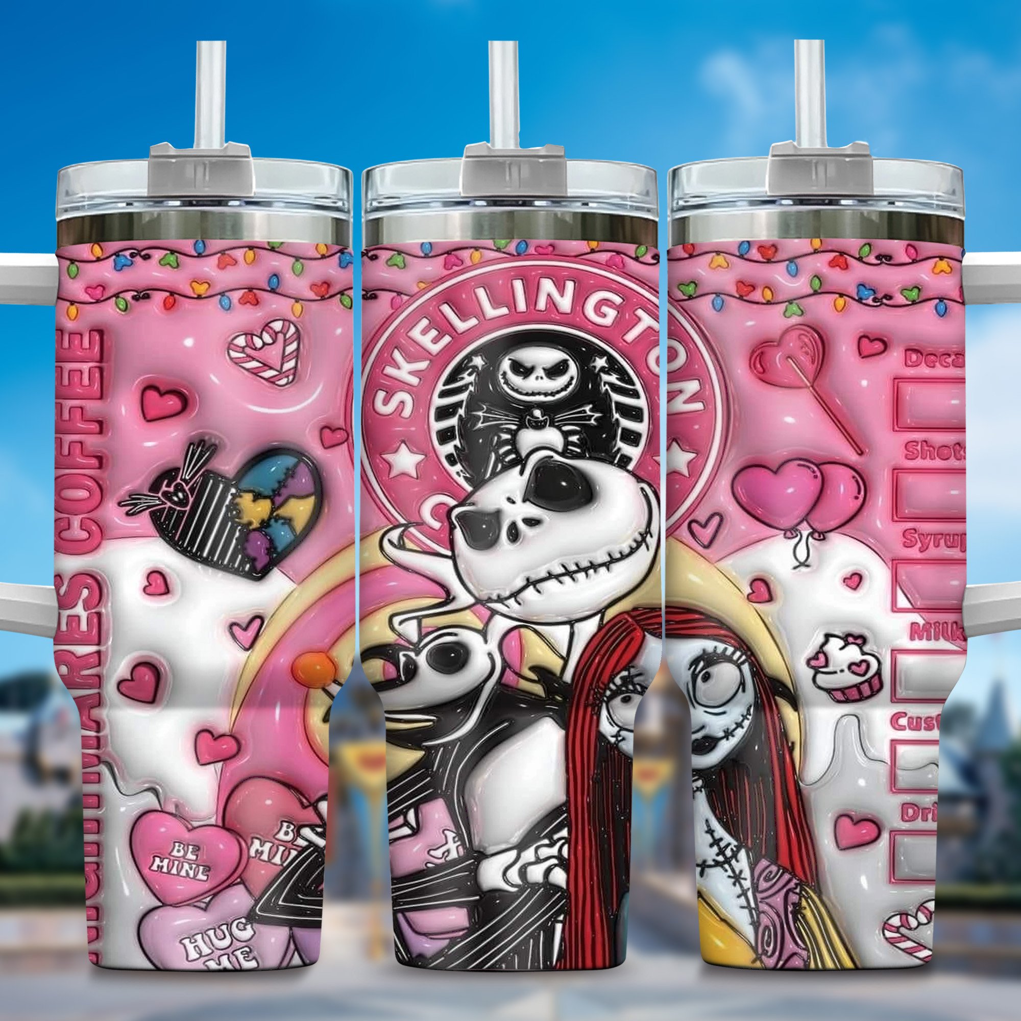 3D Jack and Sally Movies Custom Stanley Quencher 40oz Stainless Steel Tumbler With Handle