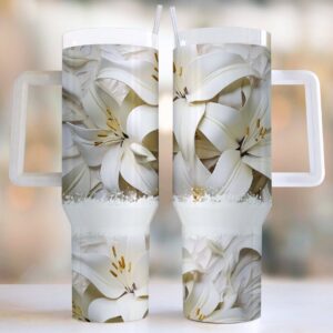 3D Lilies Flowers Custom Stanley Quencher 40oz Stainless Steel Tumbler With Handle