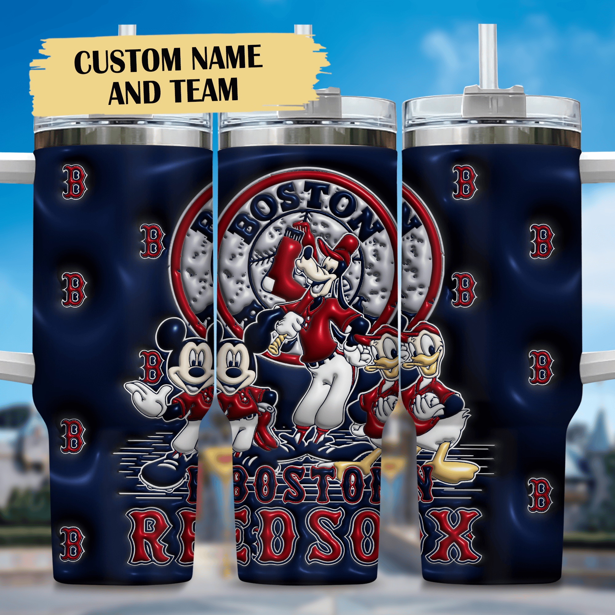 3D Mickey And Boston Red Sox Cartoon,MLB Custom Stanley Quencher 40oz Stainless Steel Tumbler With Handle