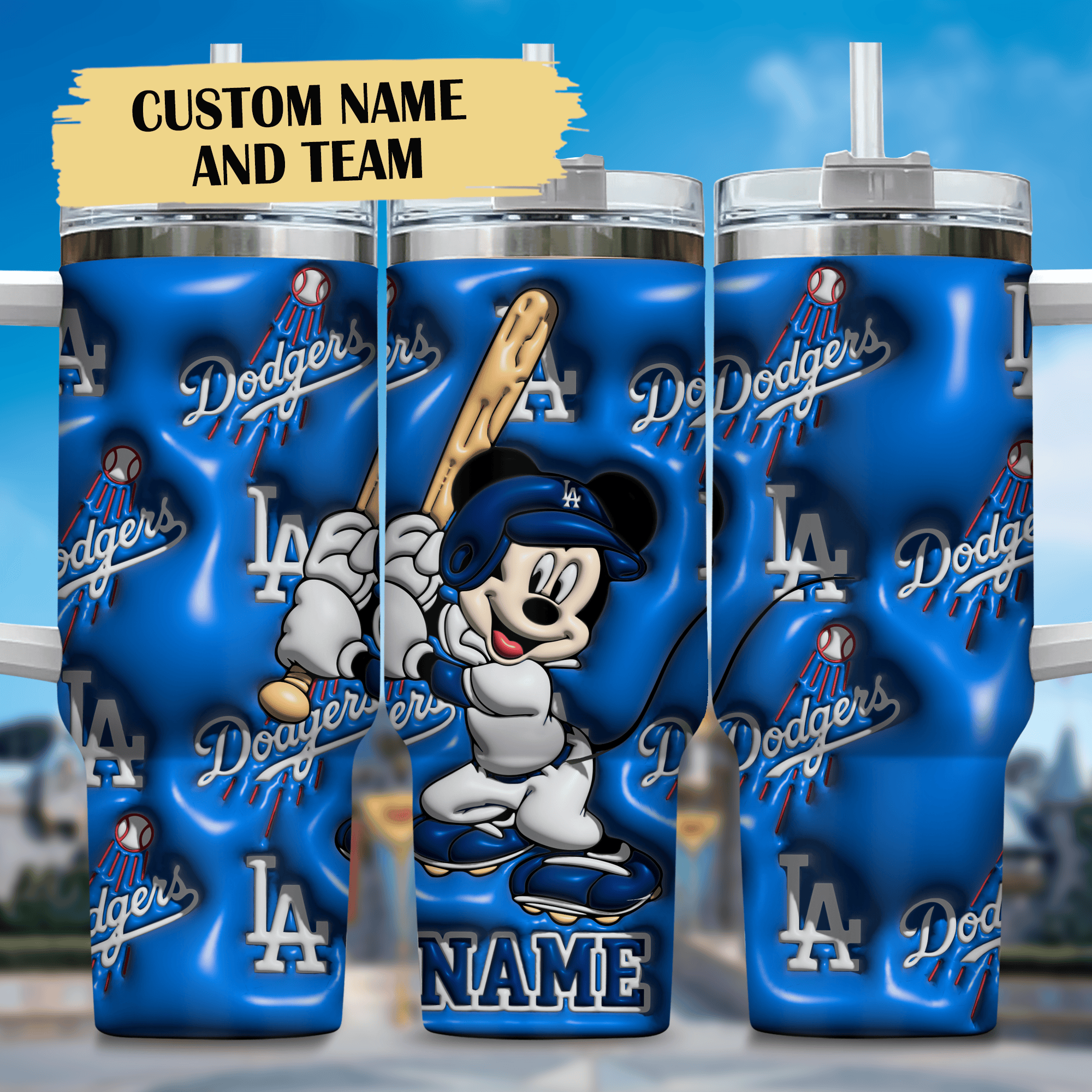 3D Mickey And Los Angeles Dodgers Cartoon,MLB Custom Stanley Quencher 40oz Stainless Steel Tumbler With Handle