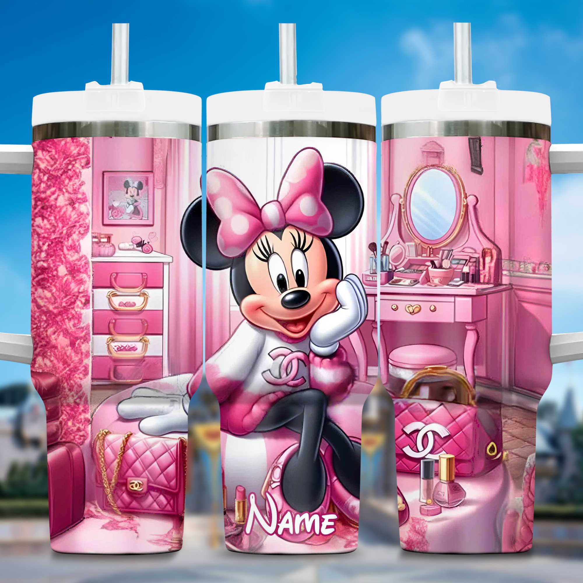 3D Minnie Fashion Cartoon Custom Stanley Quencher 40oz Stainless Steel Tumbler With Handle