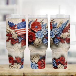 3D Patriotic American Flag Flowers Custom Stanley Quencher 40oz Stainless Steel Tumbler With Handle