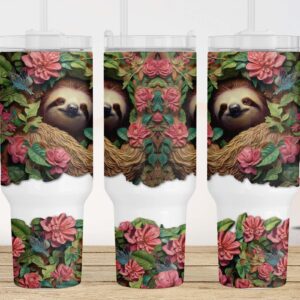 3D Sloth Flowers Custom Stanley Quencher 40oz Stainless Steel Tumbler With Handle