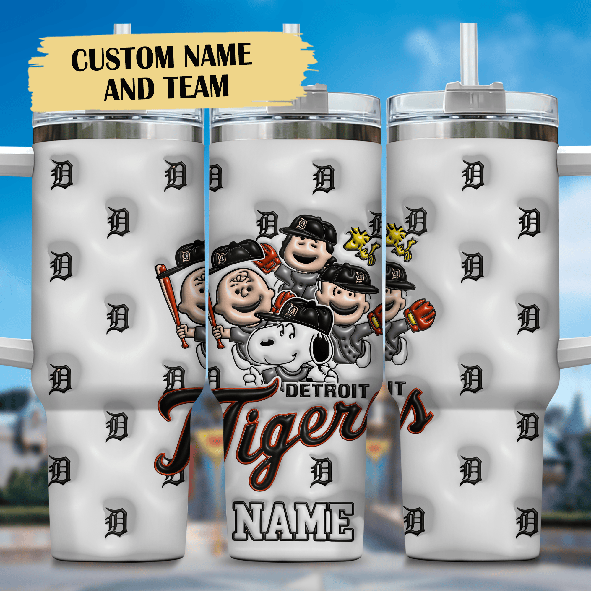 3D Snoopy and Detroit Tigers Cartoon,MLB Custom Stanley Quencher 40oz Stainless Steel Tumbler With Handle