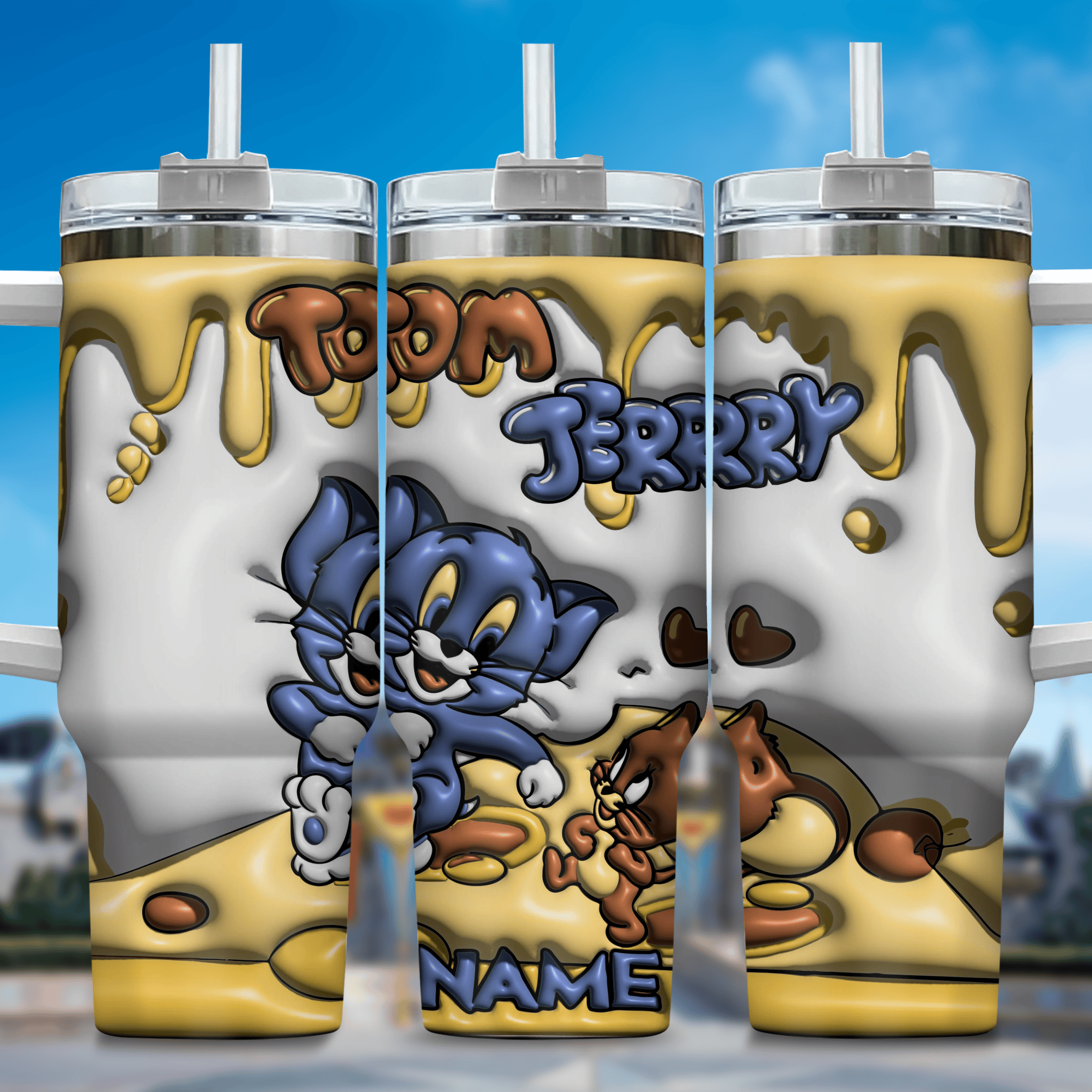3D Tom and Jerry Cartoon Custom Stanley Quencher 40oz Stainless Steel Tumbler With Handle