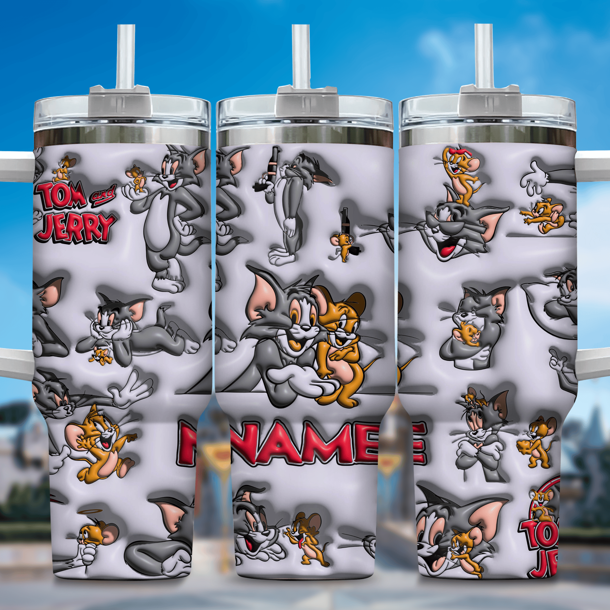 3D Tom and Jerry Cartoon Custom Stanley Quencher 40oz Stainless Steel Tumbler With Handle