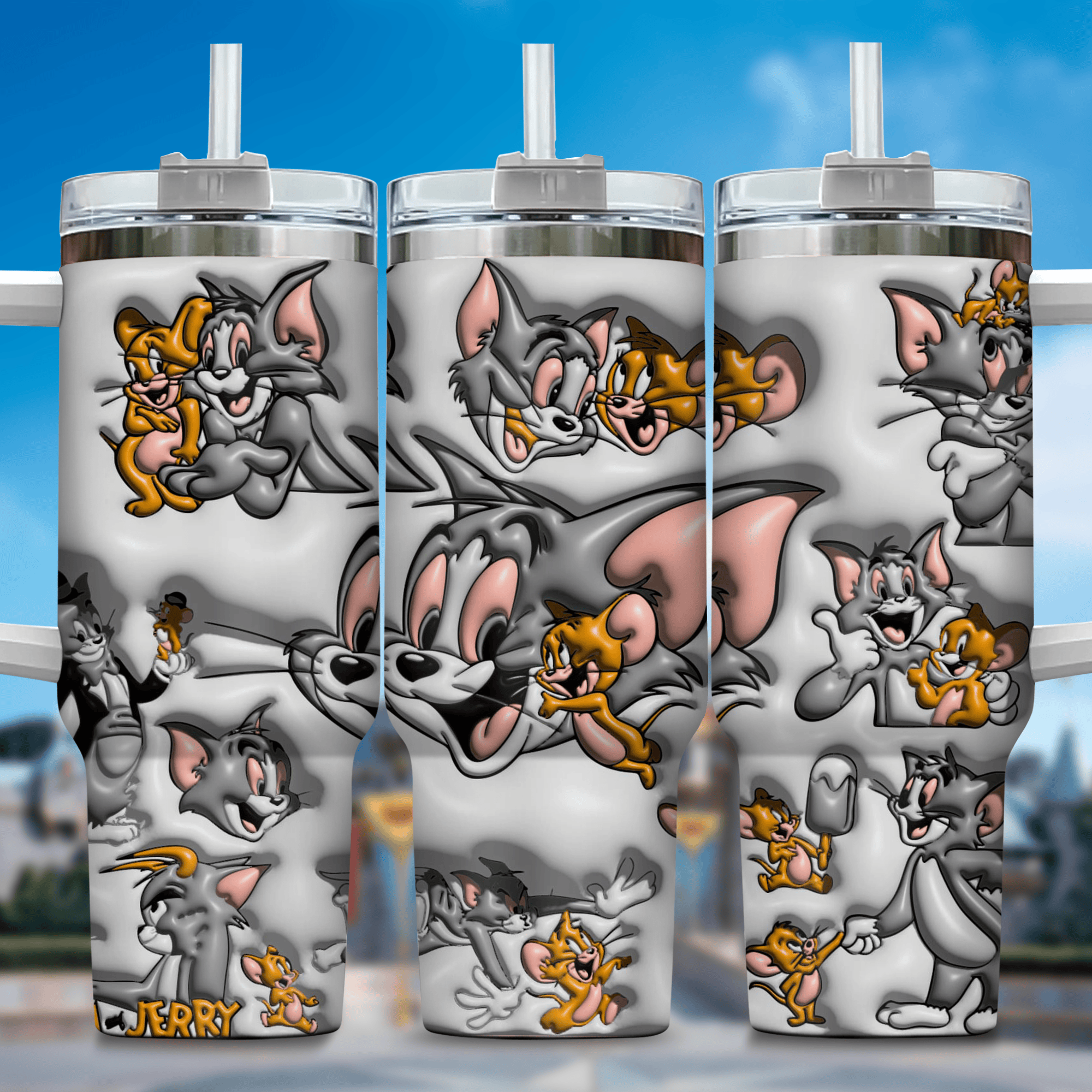 3D Tom and Jerry Cartoon Custom Stanley Quencher 40oz Stainless Steel Tumbler With Handle