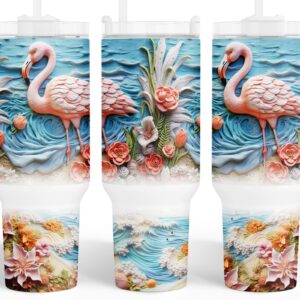 3D Tropical Beach Flamingo Custom Stanley Quencher 40oz Stainless Steel Tumbler With Handle
