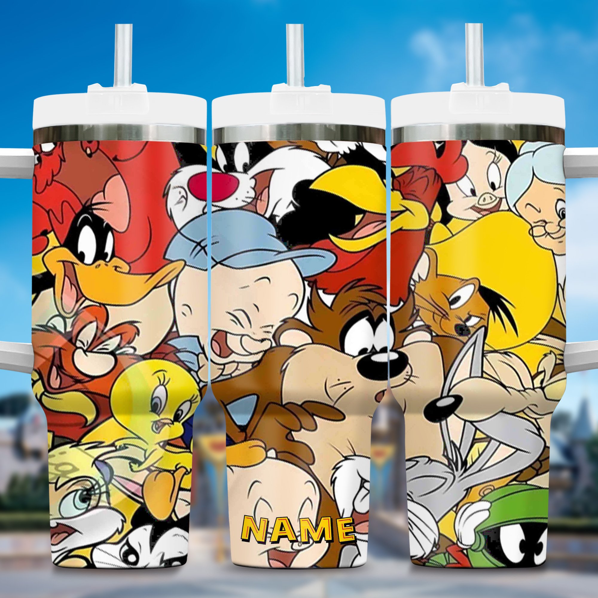 80s and 90s Cartoon Custom Stanley Quencher 40oz Stainless Steel Tumbler With Handle
