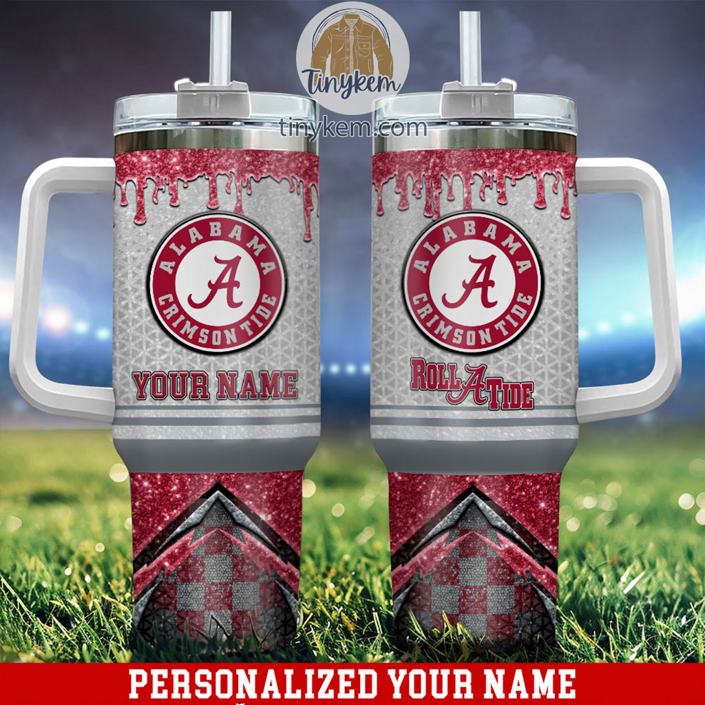 Alabama Crimson Tide Glitter NCAA Custom Stanley Quencher 40oz Stainless Steel Tumbler With Handle