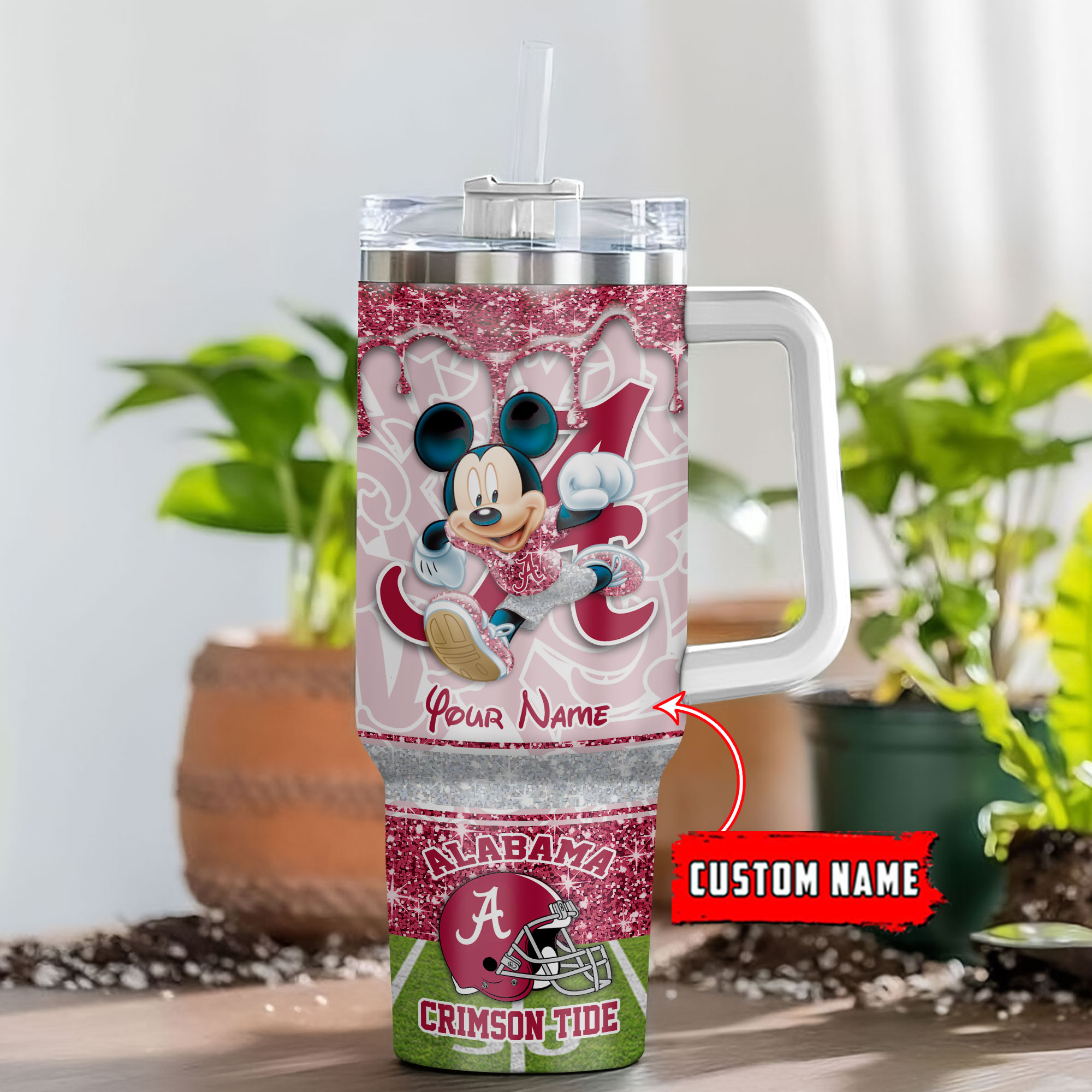 Alabama Crimson Tide NCAA Mickey Mouse Glitter Custom Stanley Quencher 40oz Stainless Steel Tumbler With Handle