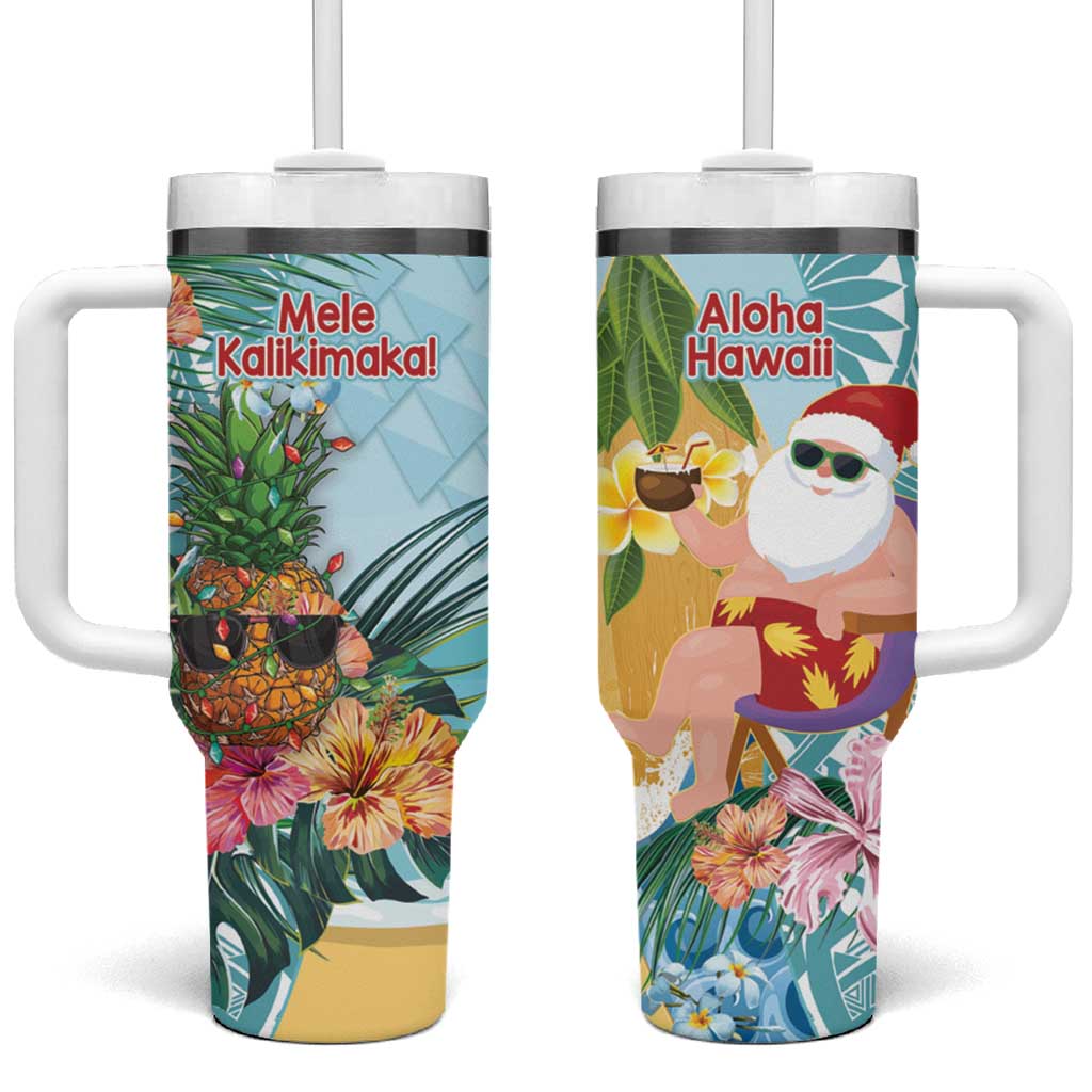 Aloha Hawaii Mele Kalikimaka Chilling Santa With Pineapple Polynesian Custom Stanley Quencher 40oz Stainless Steel Tumbler With Handle