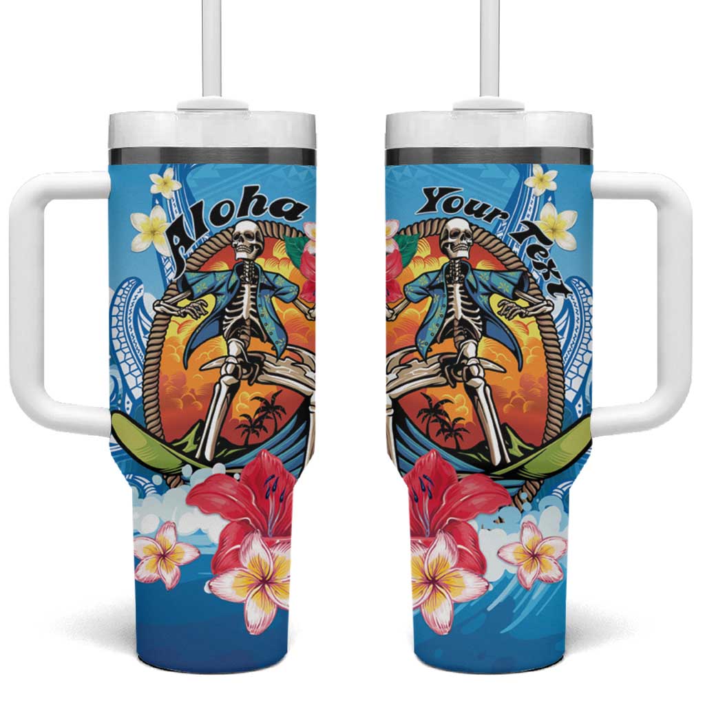 Aloha Hawaii Skeleton Surfing Tribal Shark Plumeria Custom Stanley Quencher 40oz Stainless Steel Tumbler With Handle