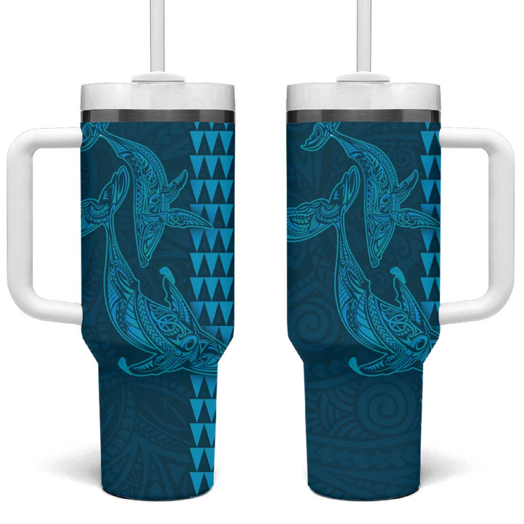 Aloha Hawaii Whale Kakau and Polynesian Tattoo Light Blue Color Custom Stanley Quencher 40oz Stainless Steel Tumbler With Handle