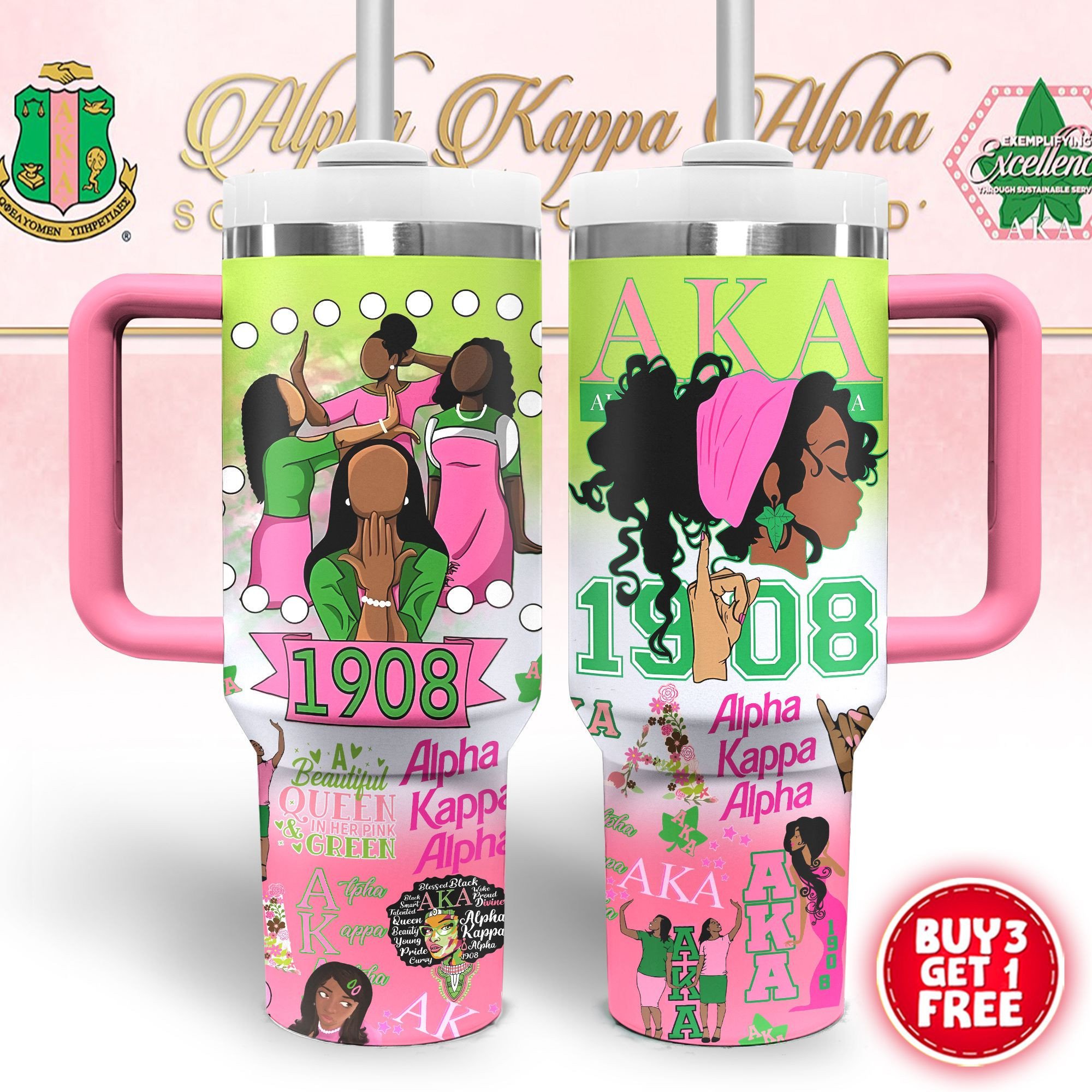 Alpha Kappa Alpha AKA Custom Stanley Quencher 40oz Stainless Steel Tumbler With Handle