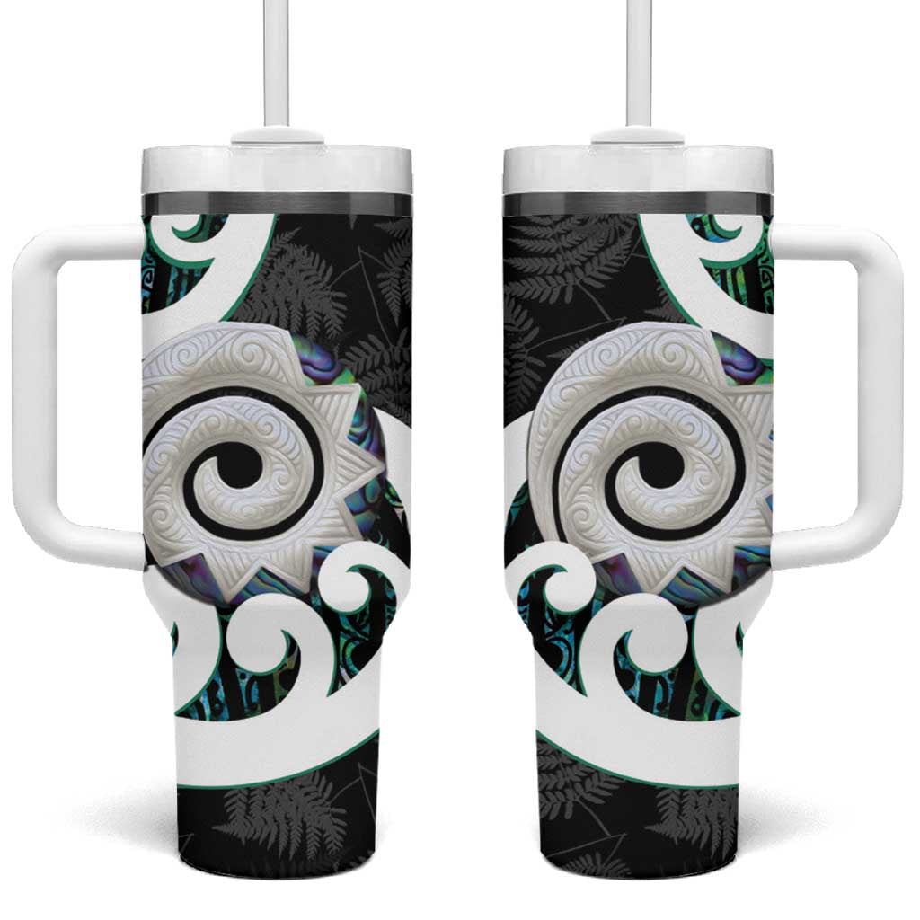 Aotearoa Koru Cyan Maori Paua Shell Mix Silver Fern Custom Stanley Quencher 40oz Stainless Steel Tumbler With Handle