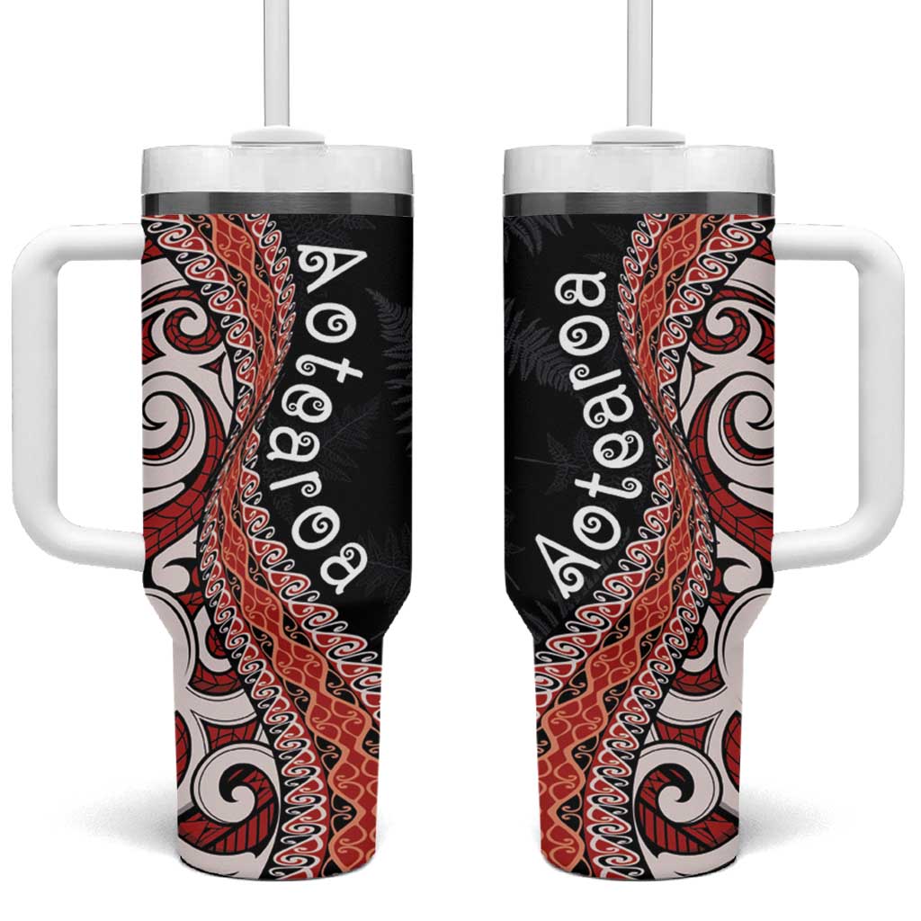 Aotearoa Maori Stylized Koru Silver Ferns Custom Stanley Quencher 40oz Stainless Steel Tumbler With Handle
