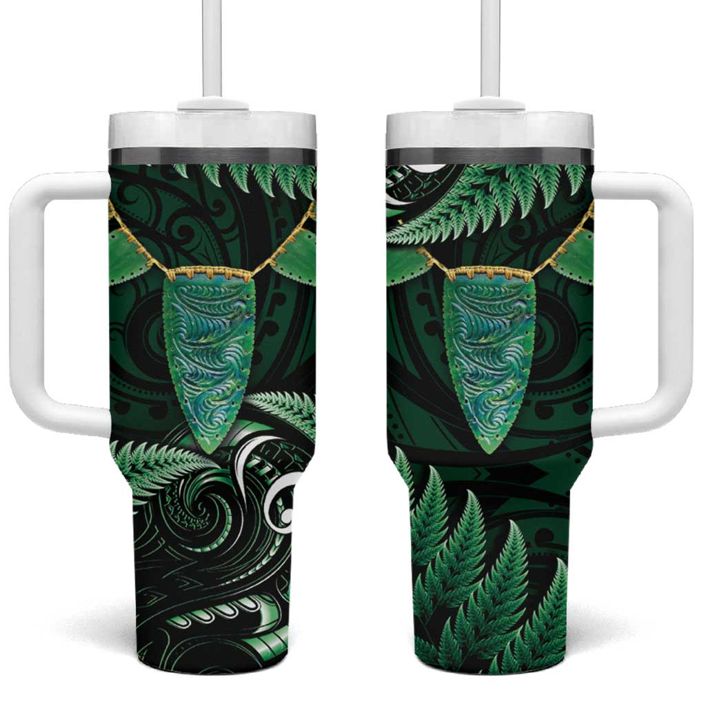Aotearoa Pounamu Niho Silver Fern Mix Maori Green Custom Stanley Quencher 40oz Stainless Steel Tumbler With Handle