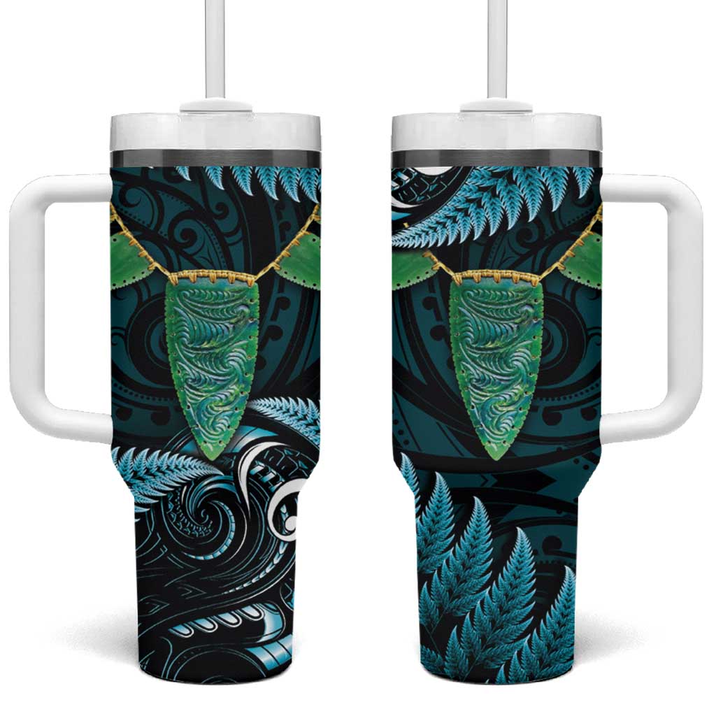 Aotearoa Pounamu Niho Silver Fern Mix Maori Turquoise Custom Stanley Quencher 40oz Stainless Steel Tumbler With Handle