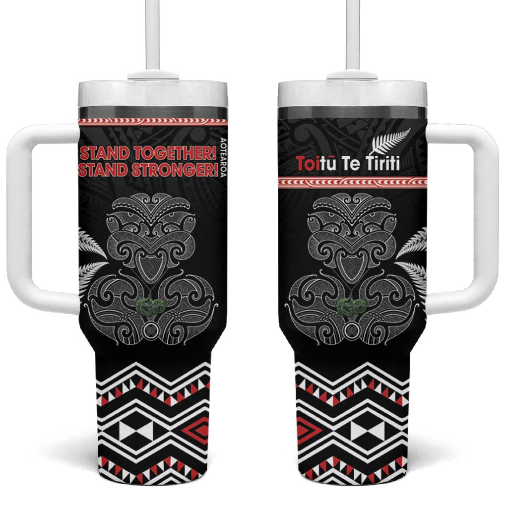 Aotearoa Toitu Te Tiriti Stand Together! Stand Stronger! NZ Tiki Custom Stanley Quencher 40oz Stainless Steel Tumbler With Handle