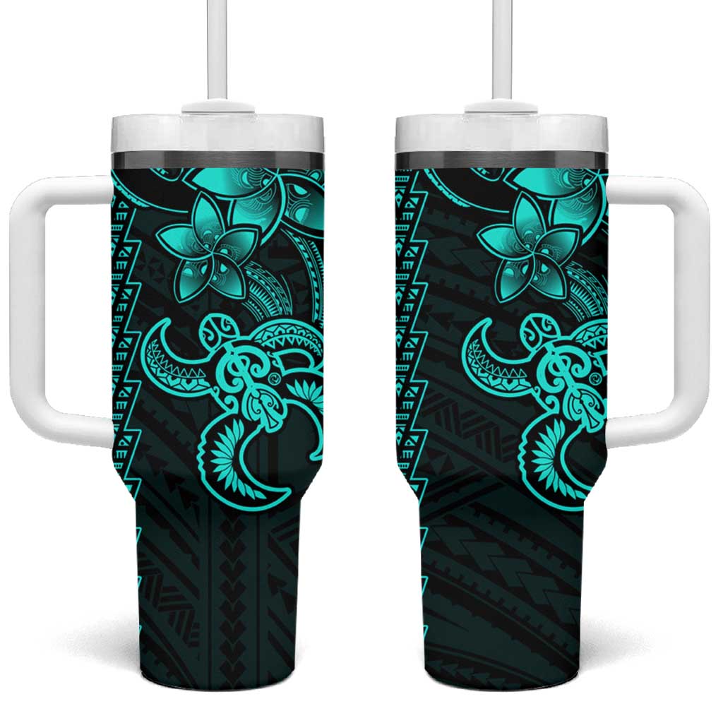 Aqua Hawaiian Kakau Turtle Polynesian Tribal Custom Stanley Quencher 40oz Stainless Steel Tumbler With Handle