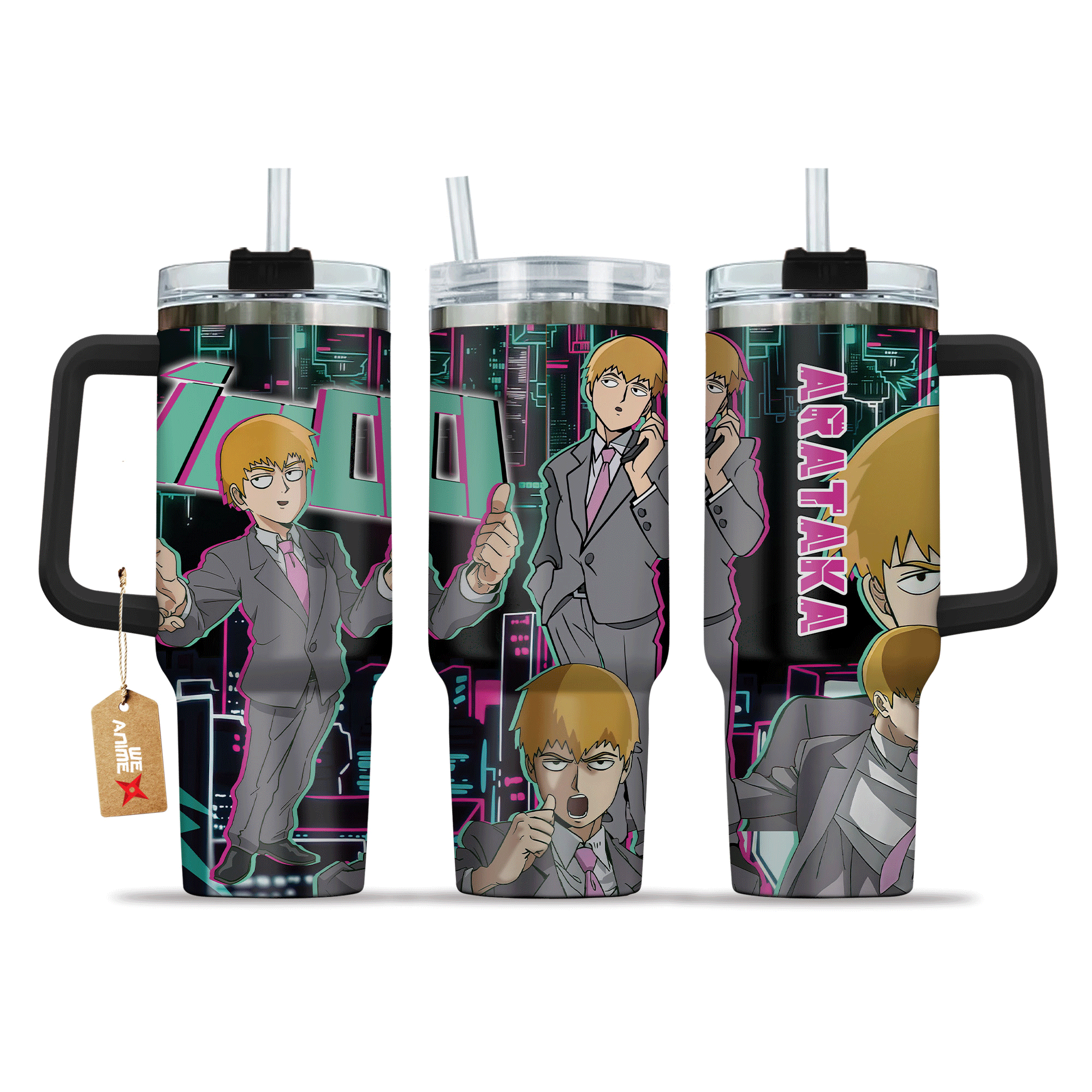 Arataka Reigen Mob Psycho 100 Anime Custom Stanley Quencher 40oz Stainless Steel Tumbler With Handle