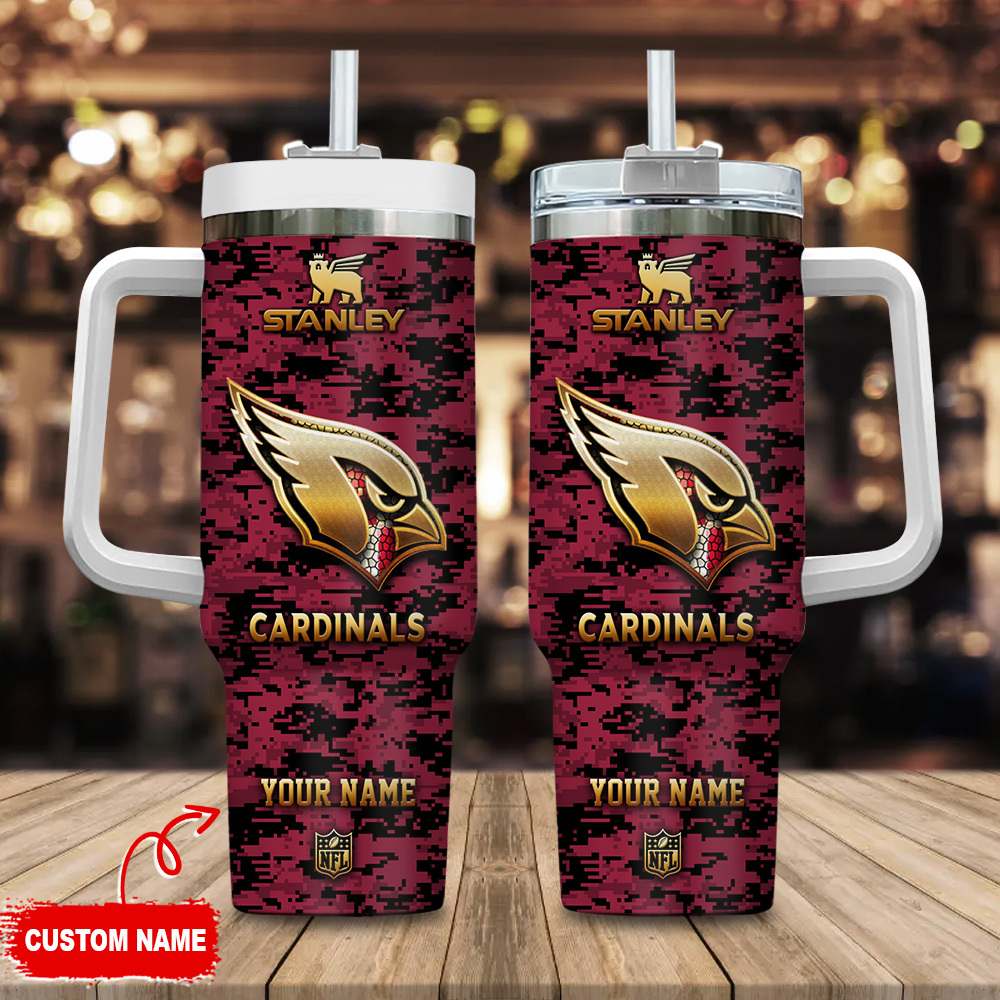 Arizona Cardinals NFL Camouflage Golden Logo Custom Stanley Quencher 40oz Stainless Steel Tumbler With Handle
