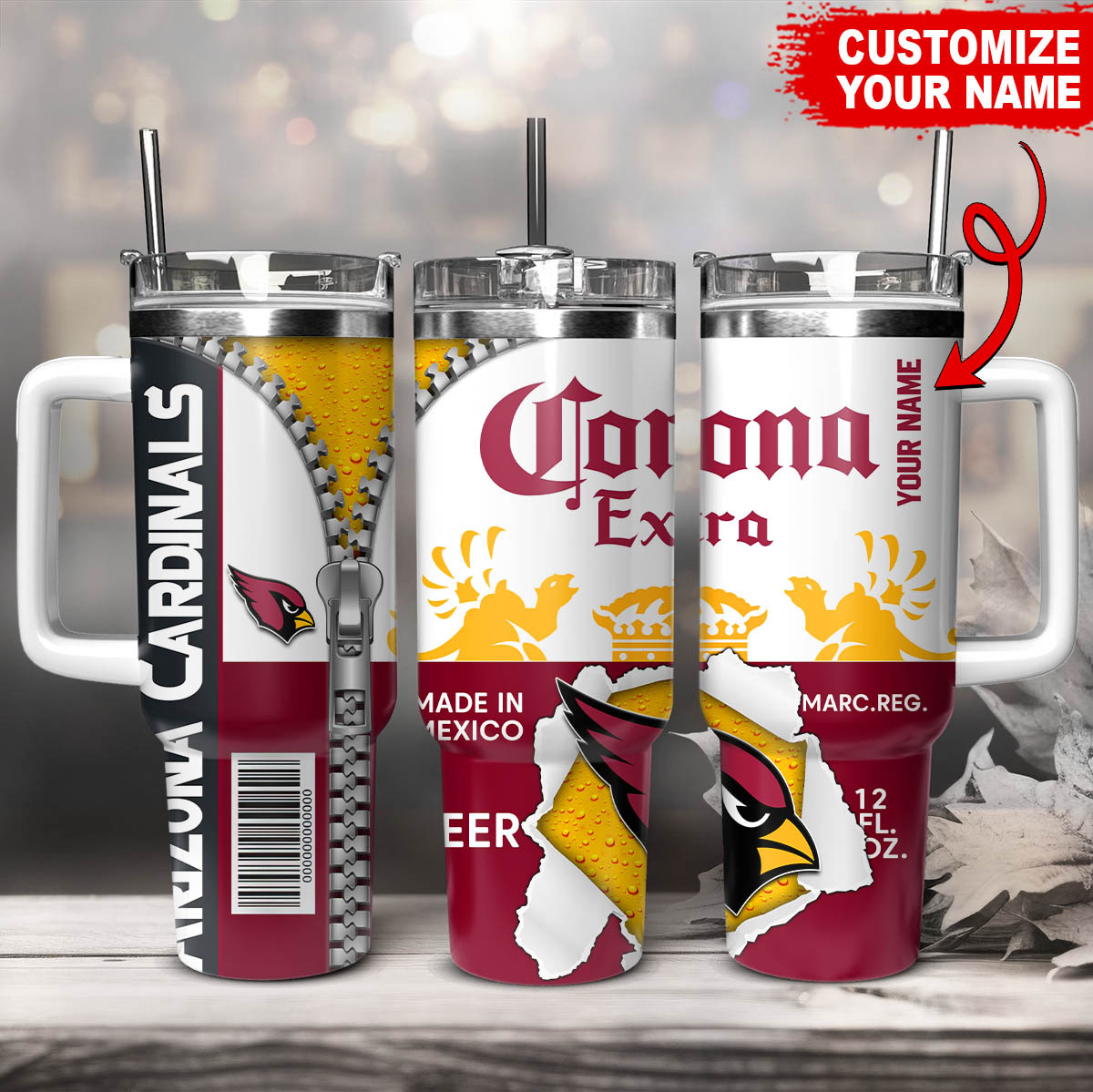 Arizona Cardinals NFL Corona Extra Custom Stanley Quencher 40oz Stainless Steel Tumbler With Handle