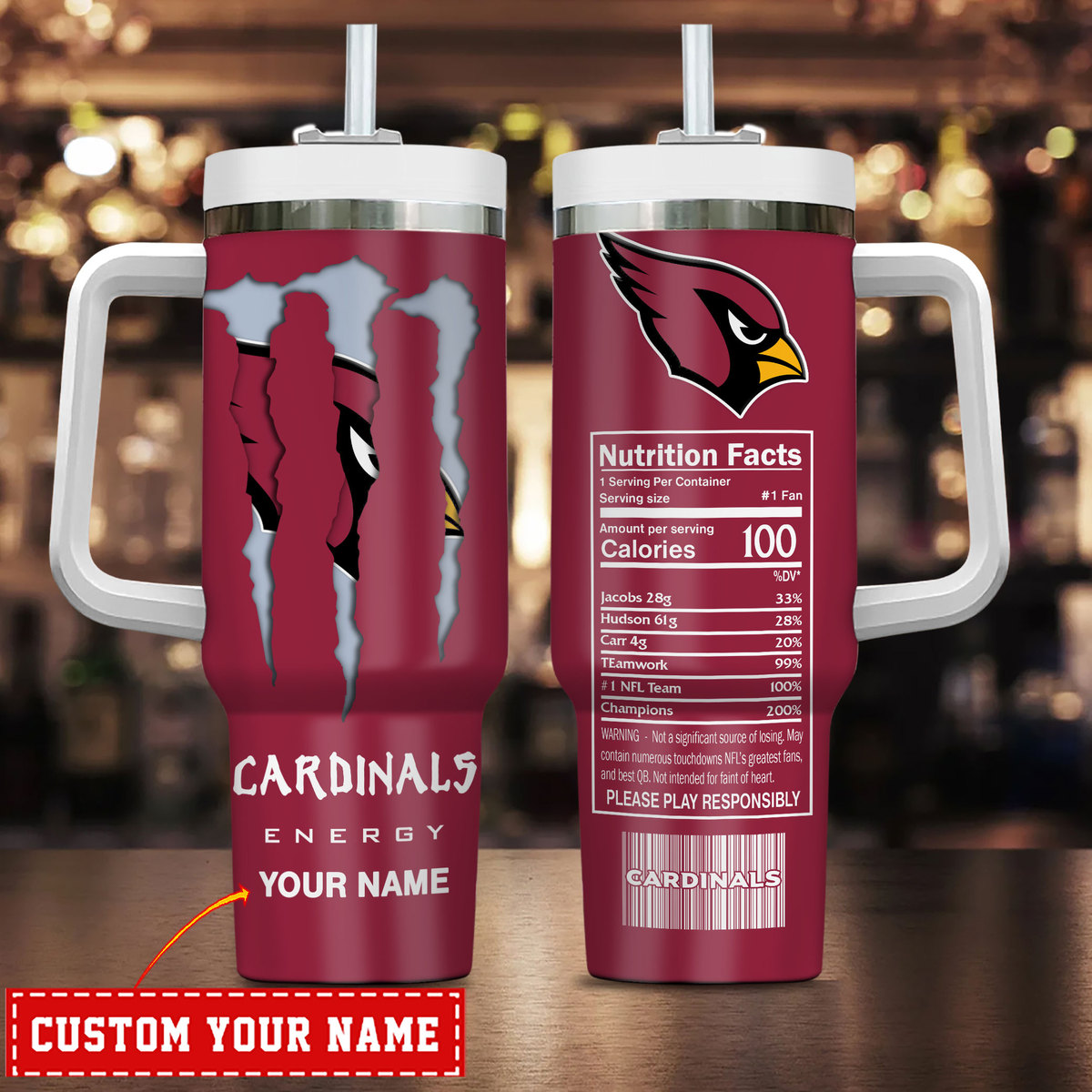 Arizona Cardinals NFL Energy Nutrition Facts Custom Stanley Quencher 40oz Stainless Steel Tumbler With Handle