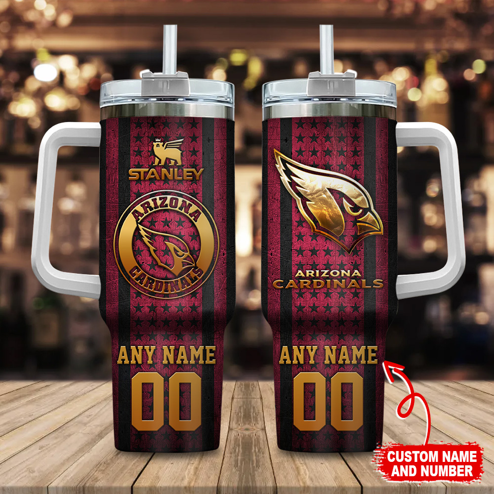 Arizona Cardinals NFL Golden Logos US Flag Custom Stanley Quencher 40oz Stainless Steel Tumbler With Handle