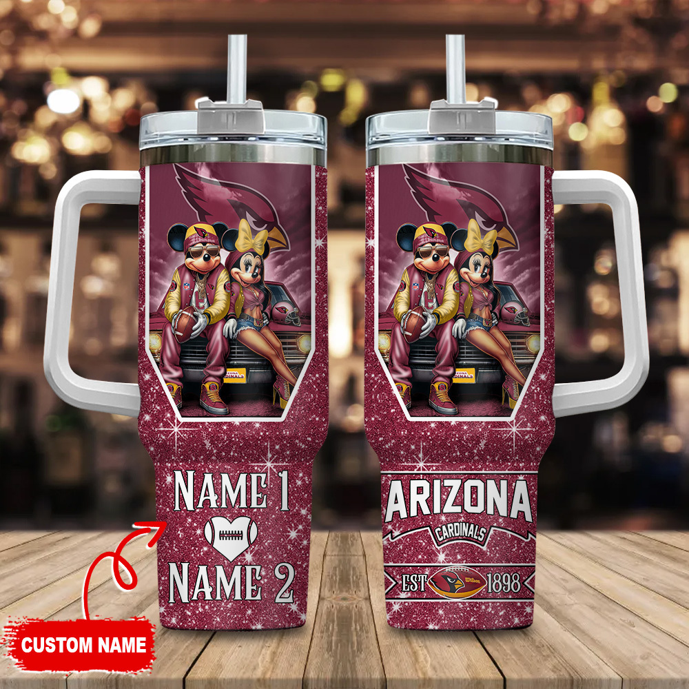 Arizona Cardinals NFL Mickey And Minnie Couple Custom Stanley Quencher 40oz Stainless Steel Tumbler With Handle
