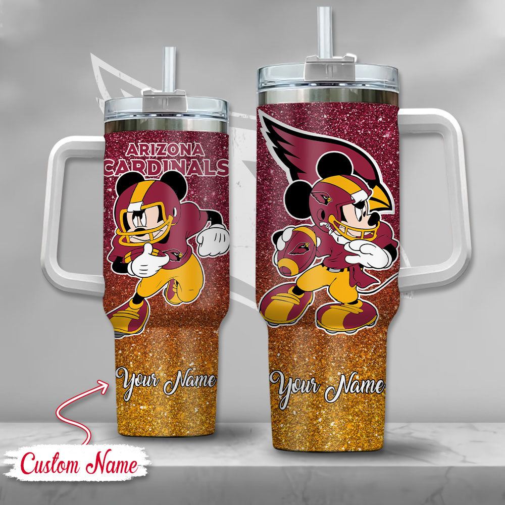 Arizona Cardinals NFL Mickey Mouse Glitter Custom Stanley Quencher 40oz Stainless Steel Tumbler With Handle