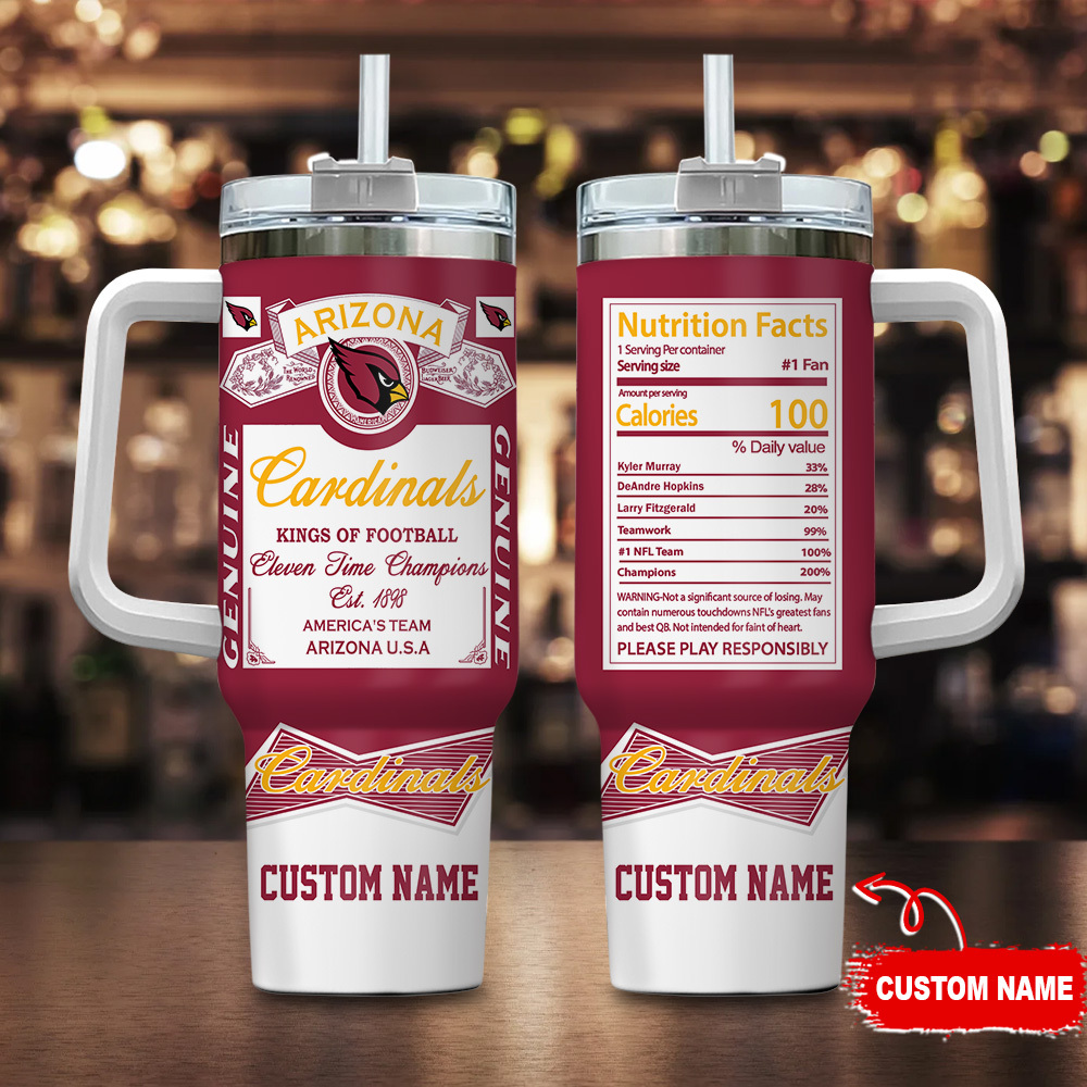 Arizona Cardinals NFL Nutrition Facts Custom Stanley Quencher 40oz Stainless Steel Tumbler With Handle