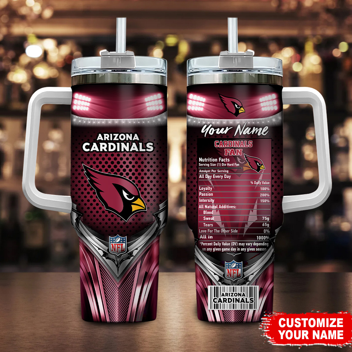 Arizona Cardinals NFL Nutrition Facts Custom Stanley Quencher 40oz Stainless Steel Tumbler With Handle