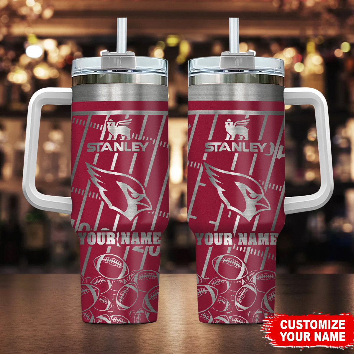 Arizona Cardinals NFL Silver Custom Stanley Quencher 40oz Stainless Steel Tumbler With Handle