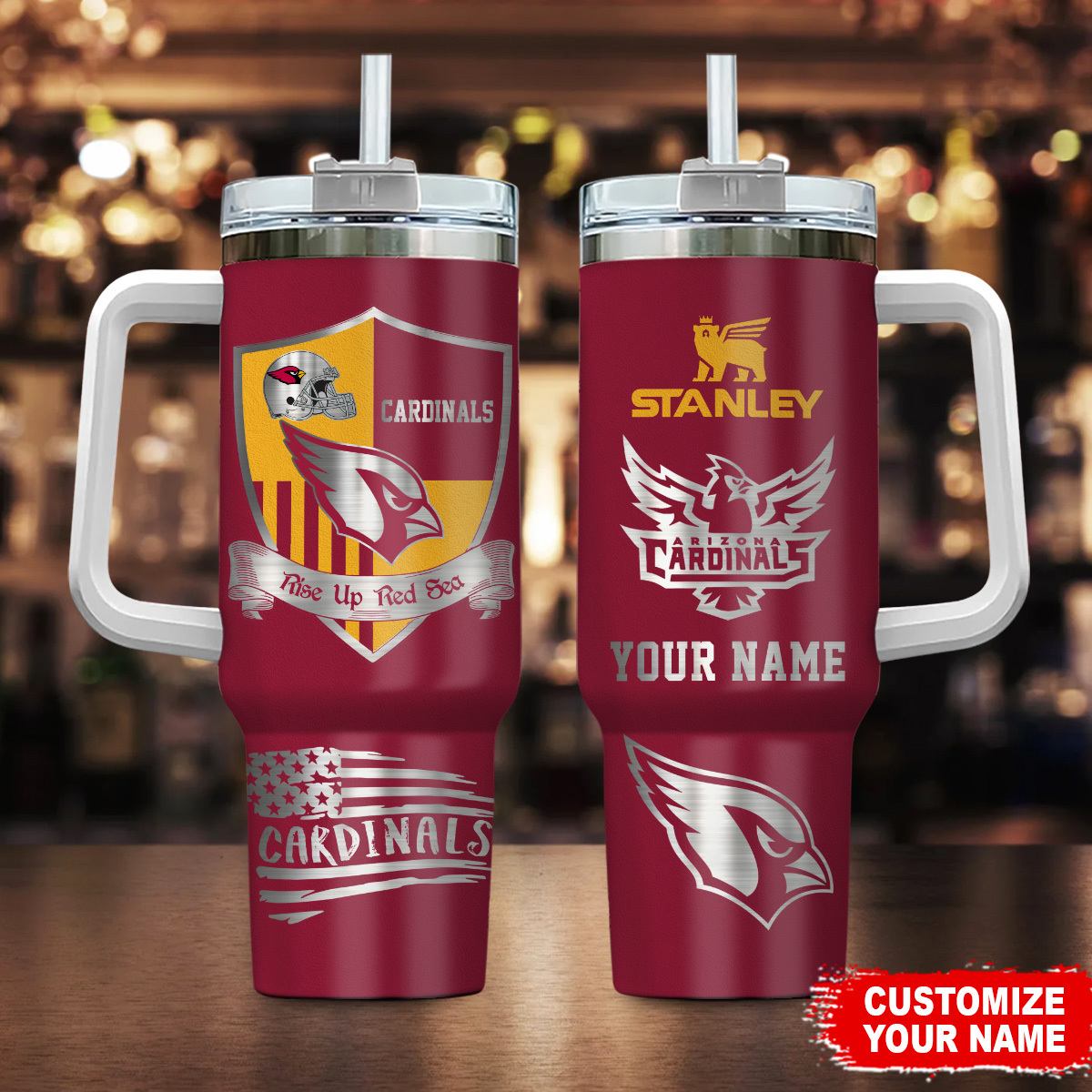 Arizona Cardinals NFL Silver Logo Custom Stanley Quencher 40oz Stainless Steel Tumbler With Handle