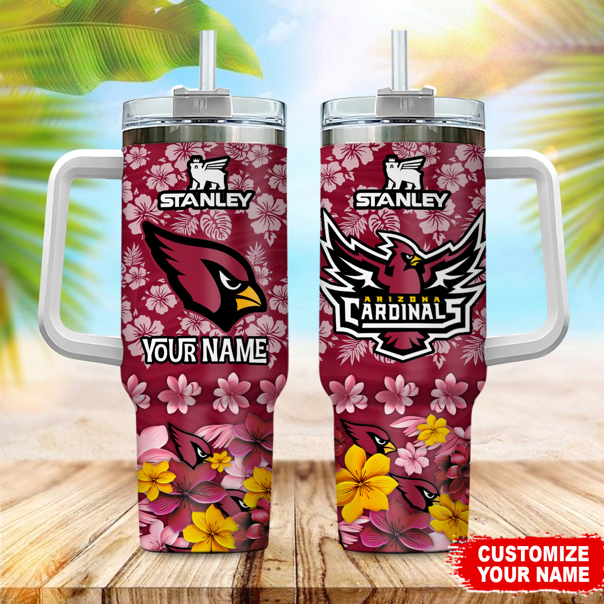 Arizona Cardinals NFL Tropical Floral Custom Stanley Quencher 40oz Stainless Steel Tumbler With Handle